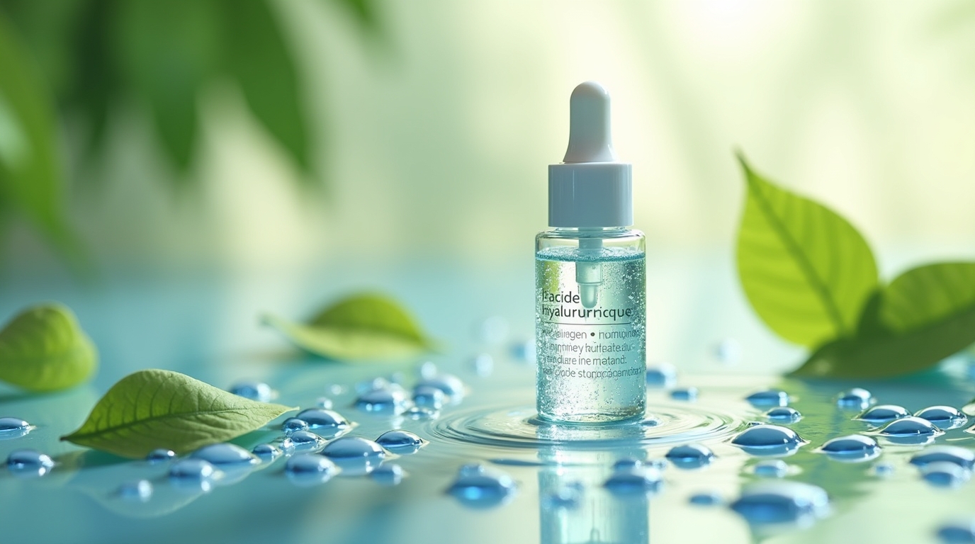 Bouteille de sérum à l'acide hyaluronique avec gouttes d'eau et feuilles vertes
