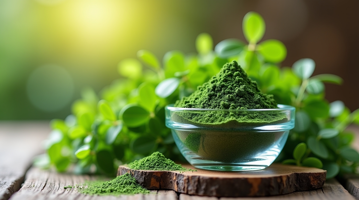 Poudre de chlorella dans un bol en verre avec des feuilles fraîches sur une table en bois