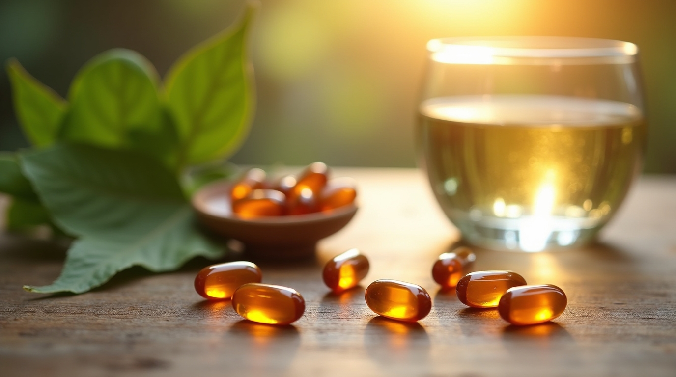Capsules de coenzyme Q10 sur une table en bois avec des feuilles de ginseng et un verre d'eau.