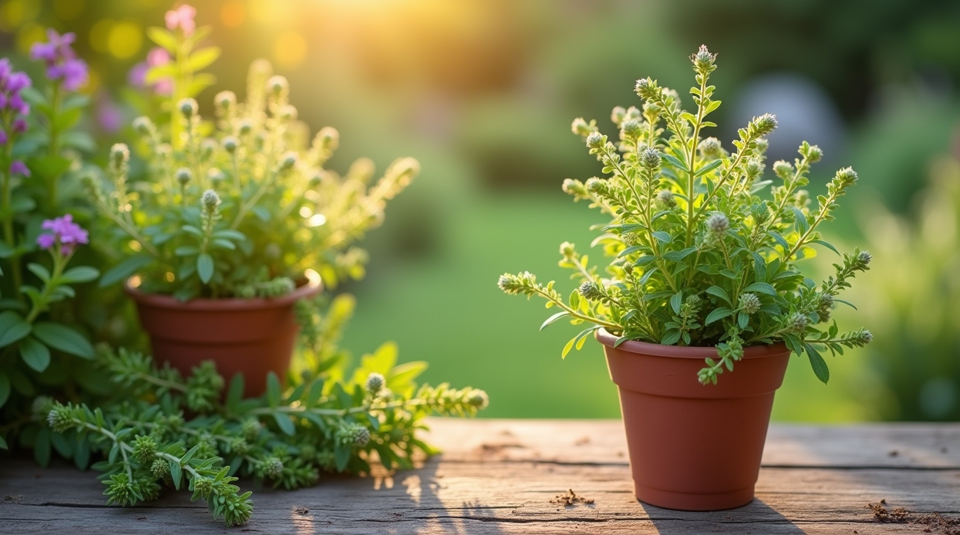 Une botte de coriandre bio fraîche sur une planche en bois dans un jardin verdoyant.