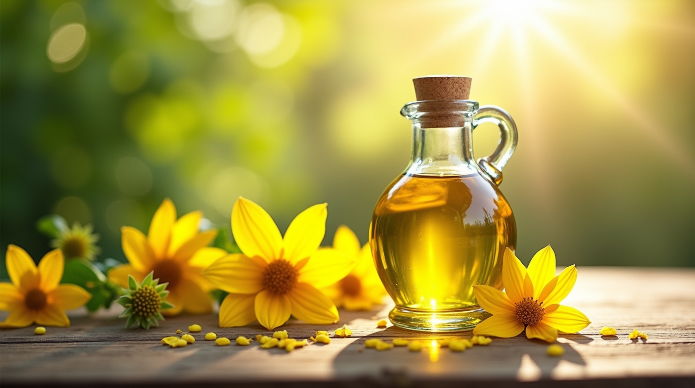 Bouteille d'huile d'onagre sur une table en bois avec des fleurs et un décor naturel.