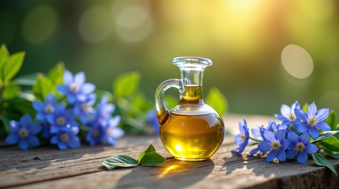 Flacon d'huile de bourrache avec fleurs et feuilles en arrière-plan