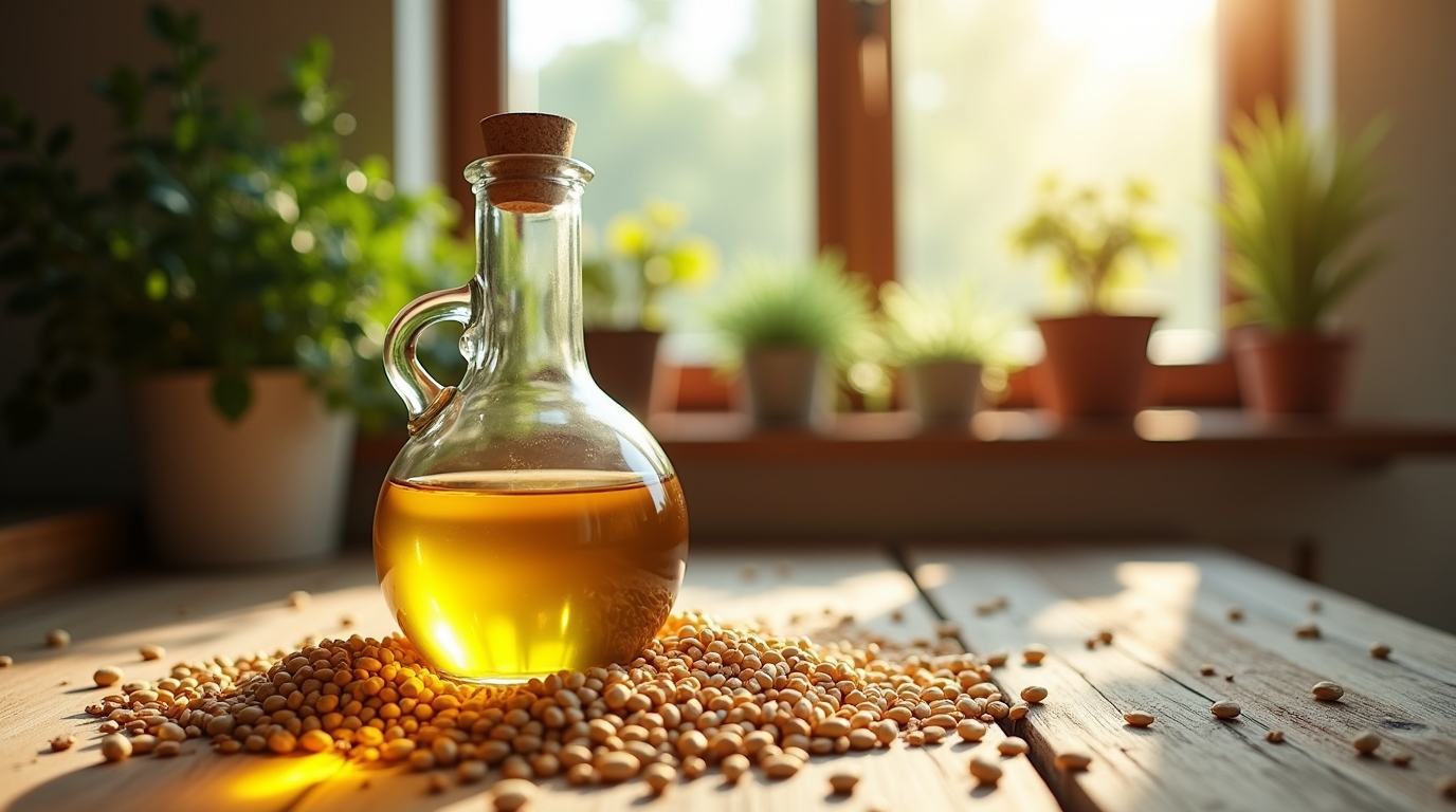 Bouteille d'huile de ricin en verre avec graines sur un plan de travail en bois.