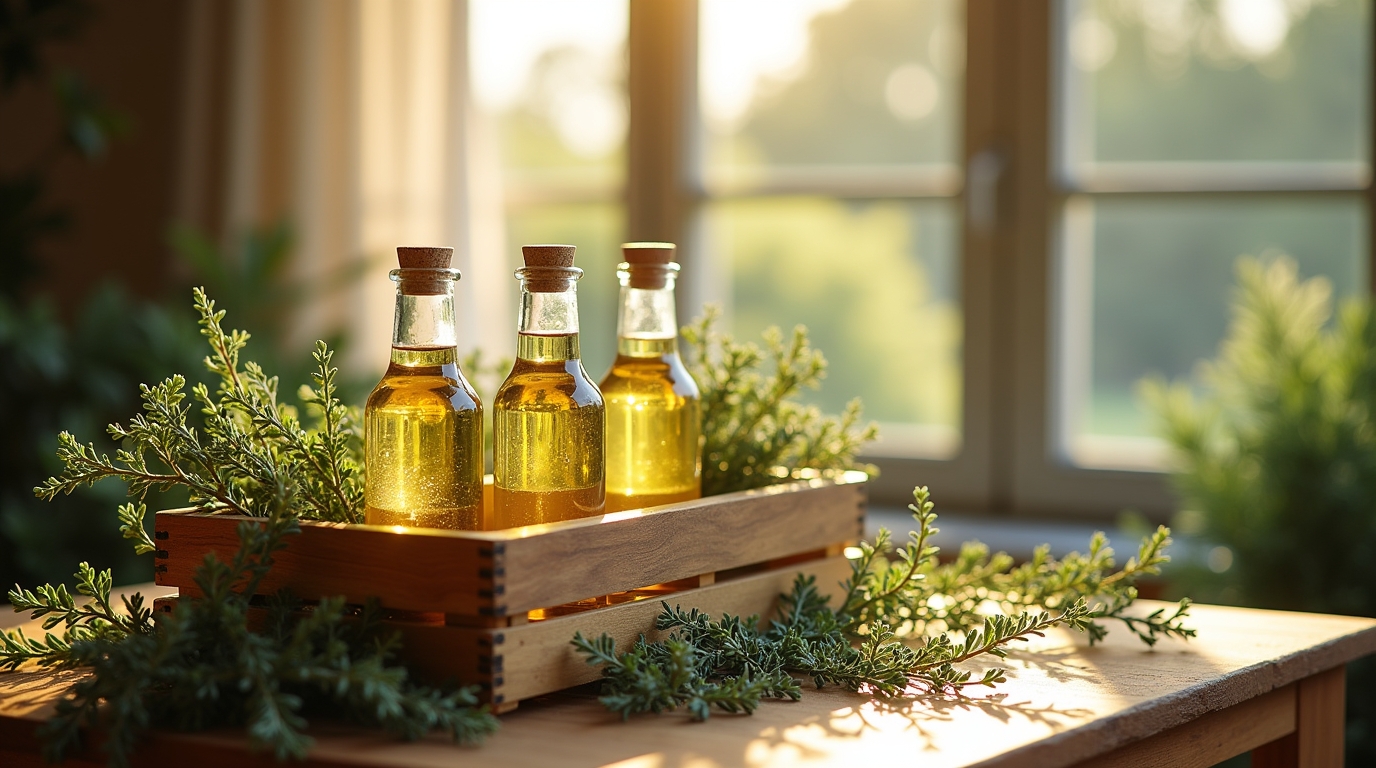 Bouteilles d'hydrolat de thym entourées de plantes aromatiques sur une étagère en bois