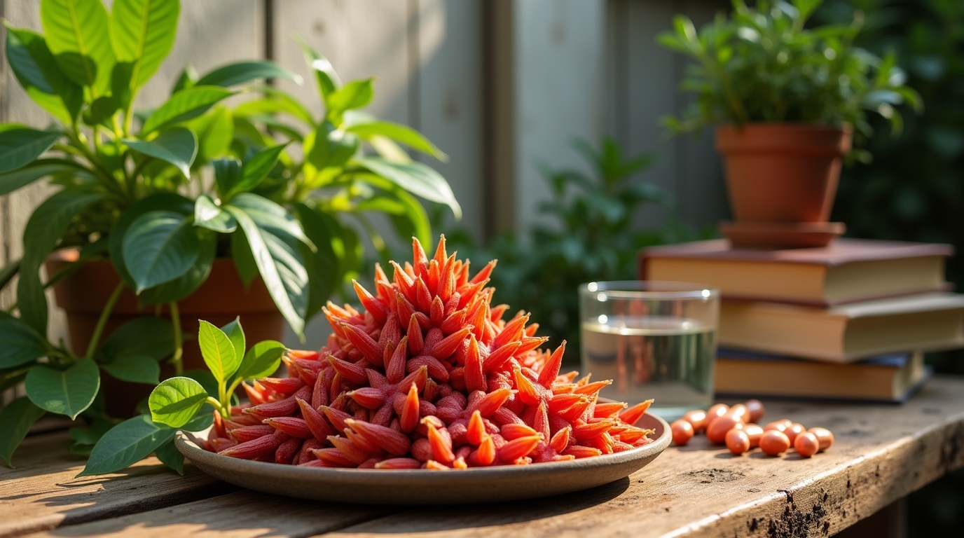 Racine de maca rouge premium sur une table avec des plantes et un verre d'eau.