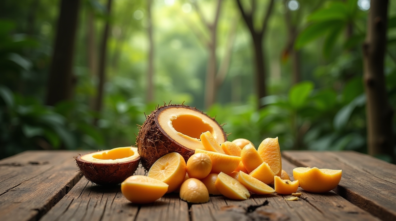 Une vue immersive des noix du Brésil sur une table en bois avec en arrière-plan une forêt amazonienne.