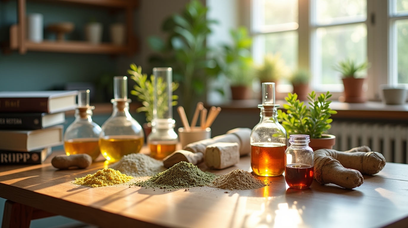 Scène de laboratoire avec des nootropiques naturels et des herbes