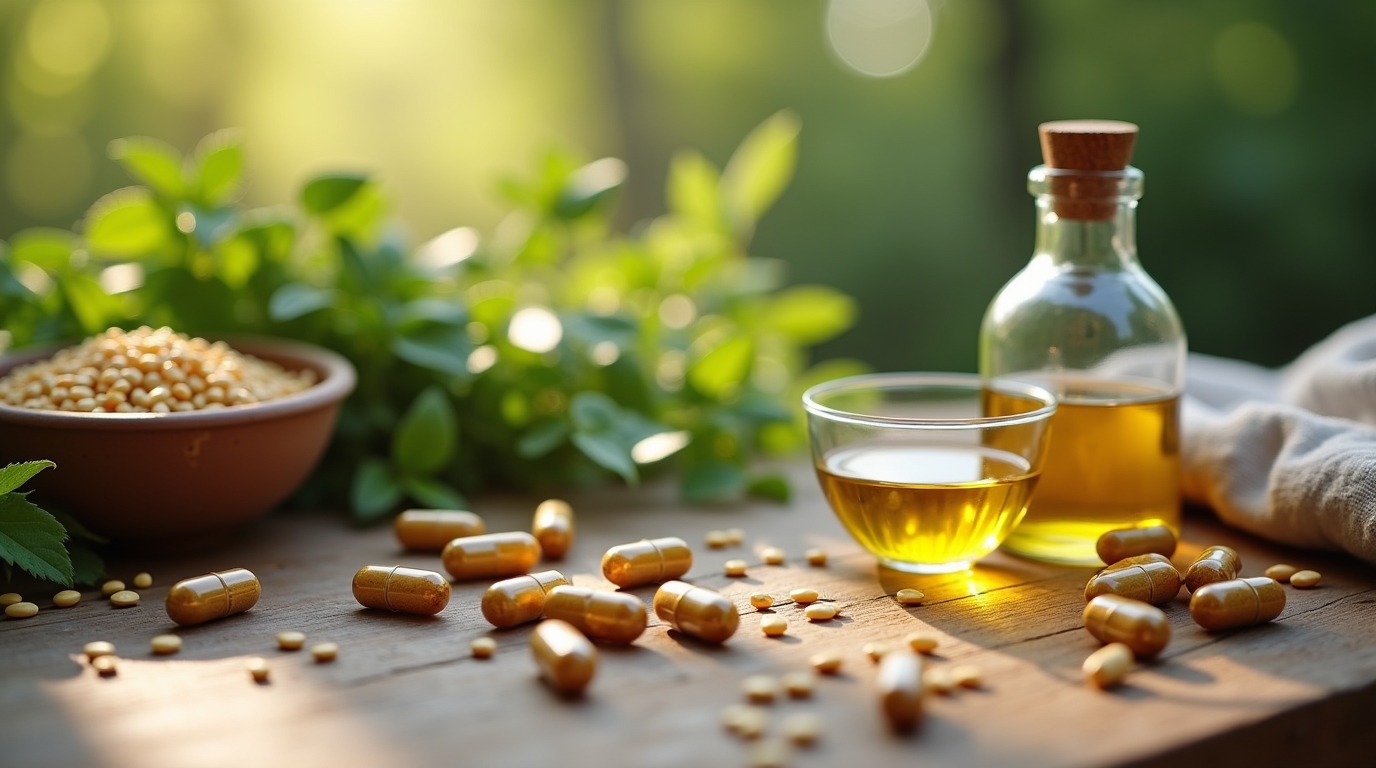 Capsules d'oméga-3 avec huile de poisson et graines de lin sur une table en bois