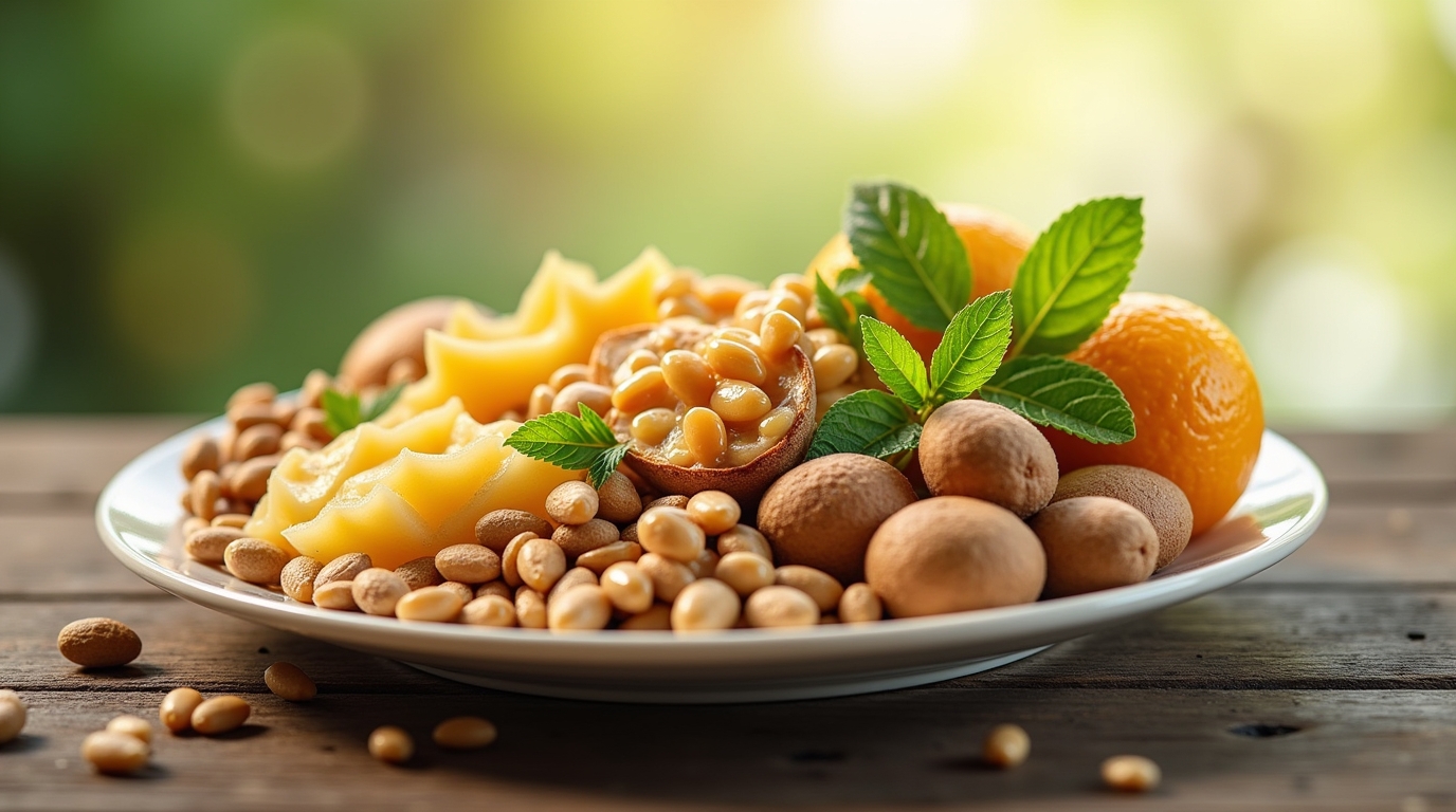 Assiette avec aliments riches en oméga-7 comme les algues et noix