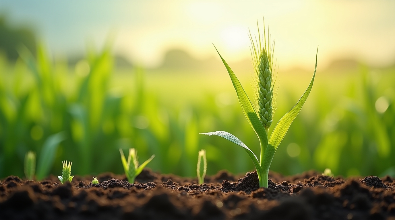 Scène de champ d'orge germée avec tiges vertes et brillantes sous un ciel ensoleillé