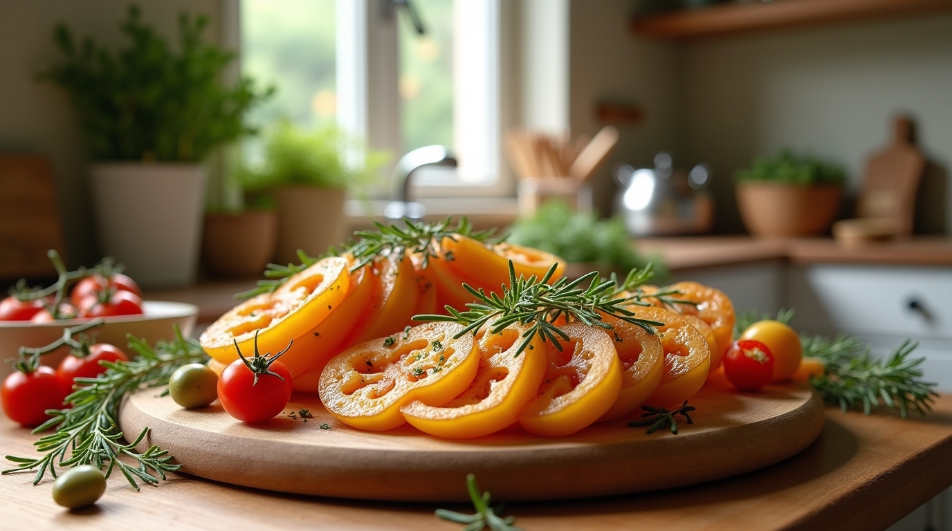 Brins de sarriette fraîche dans une cuisine ensoleillée, entourés de légumes frais.