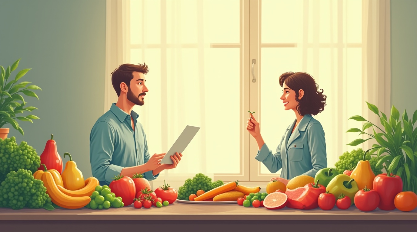 Image décrivant une consultation sur les symptômes du Candida intestinal avec des aliments sains.