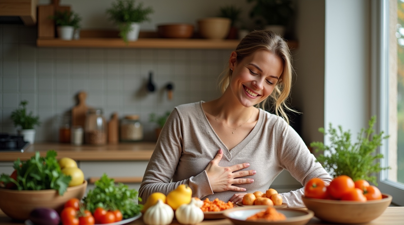 Femme heureuse avec des aliments probiotiques illustrant le lien entre probiotiques et ballonnements