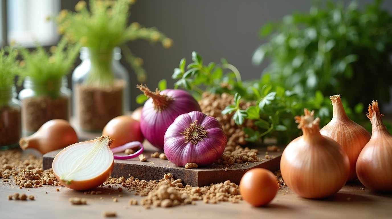Légumes riches en prébiotiques naturels sur une table en bois, illustrant des ingrédients pour la santé intestinale.