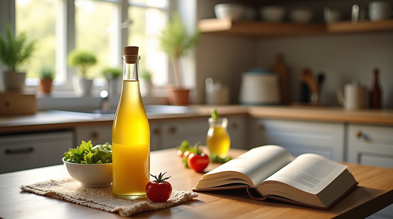 Bouteille de vinaigre de cidre à côté d'une salade dans une cuisine pour améliorer la digestion.